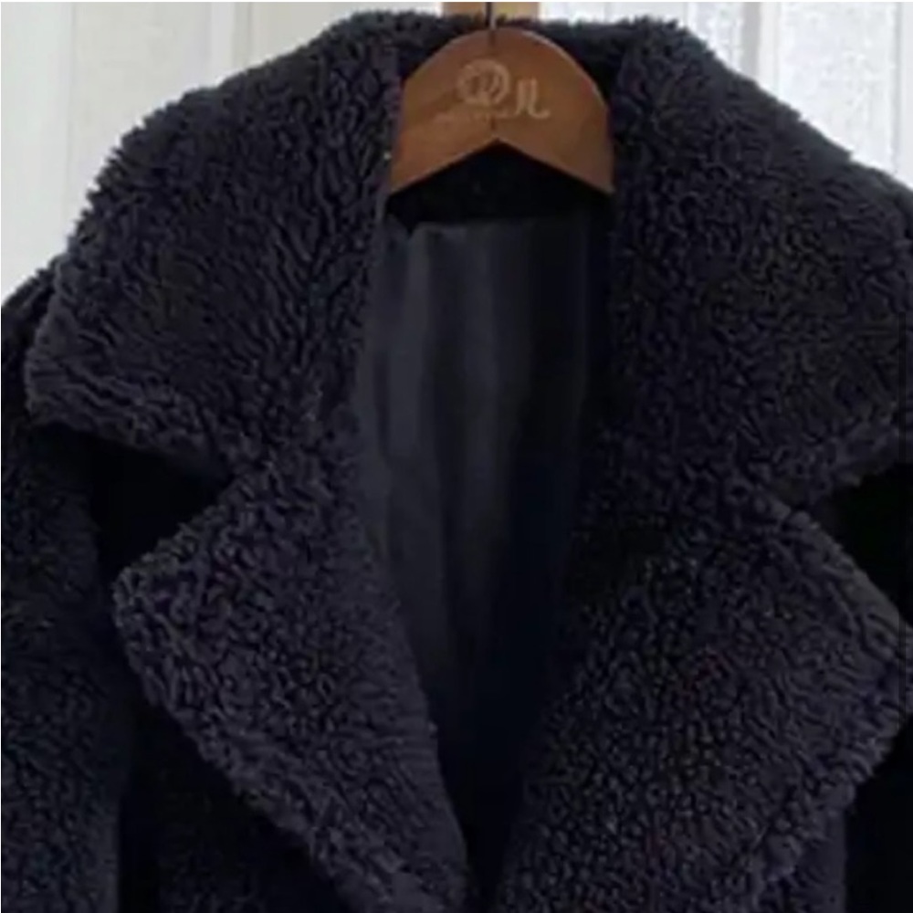 56Black Sherpa Long Faux fur lined Warm thick Over Knees Teddy Coat Jacket - Picture 4 of 5